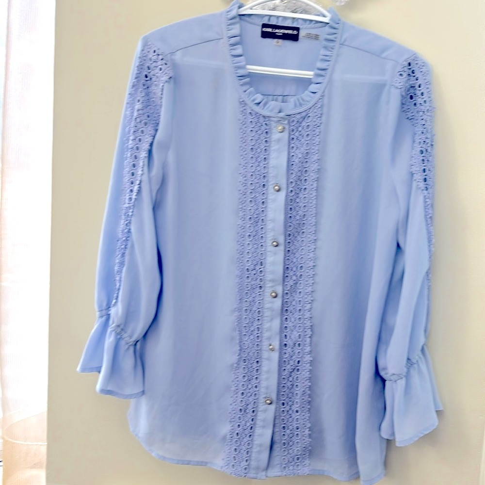 Women’s blouse, light blue, button down, size small, Karl Legerfeld